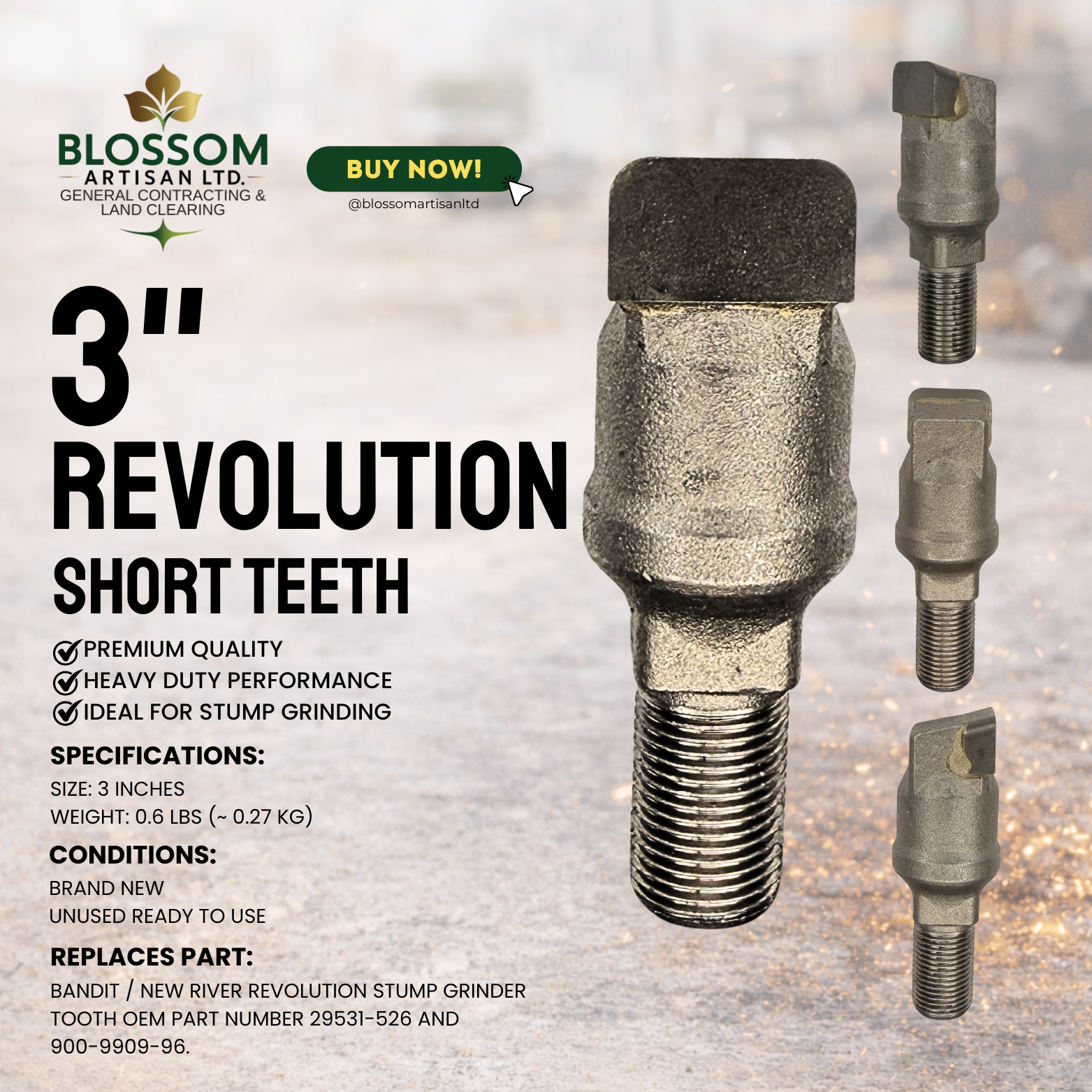 3” Revolution Short Teeth Aftermarket Stump Grinder Teeth – Fits Bandit 2600 “Revolution Wheel”