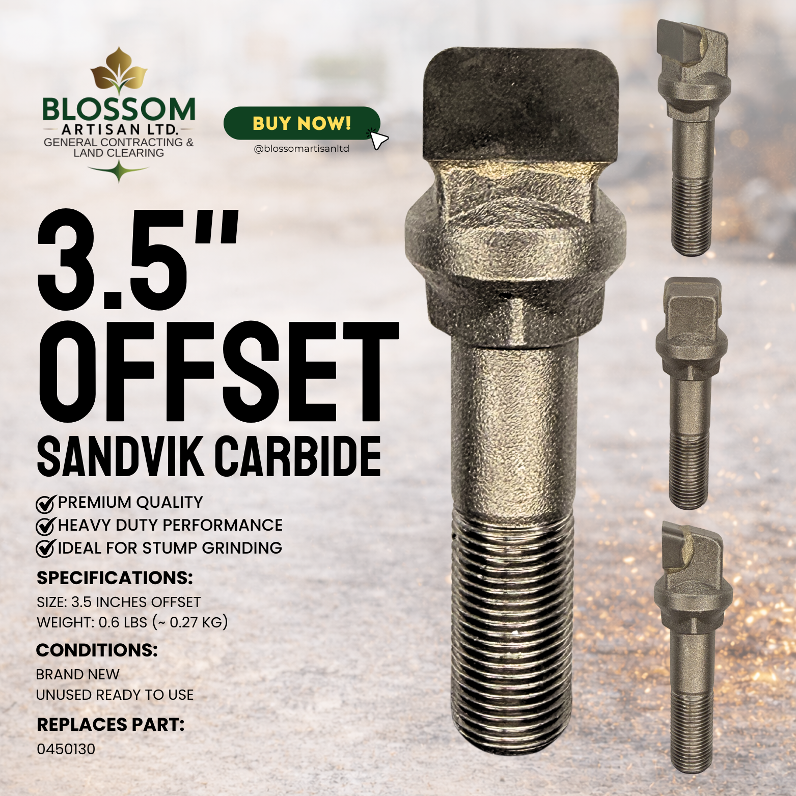 Dents de rogneuse de souches déportées de 3,5" – Carbure Sandvik | Adaptées au marché secondaire pour Carlton