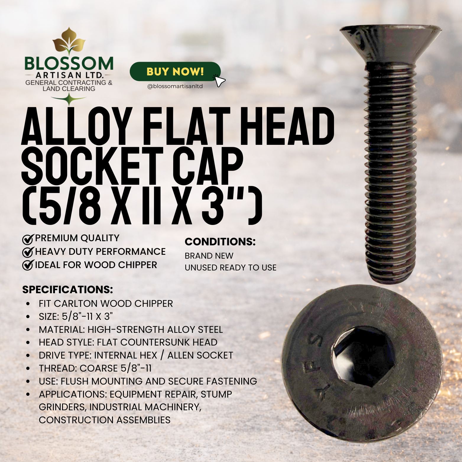 Alloy Flat Head Socket Cap Screw 5/8"-11 x 3" (M16 x 75mm Approx.) – Countersunk Allen Bolt