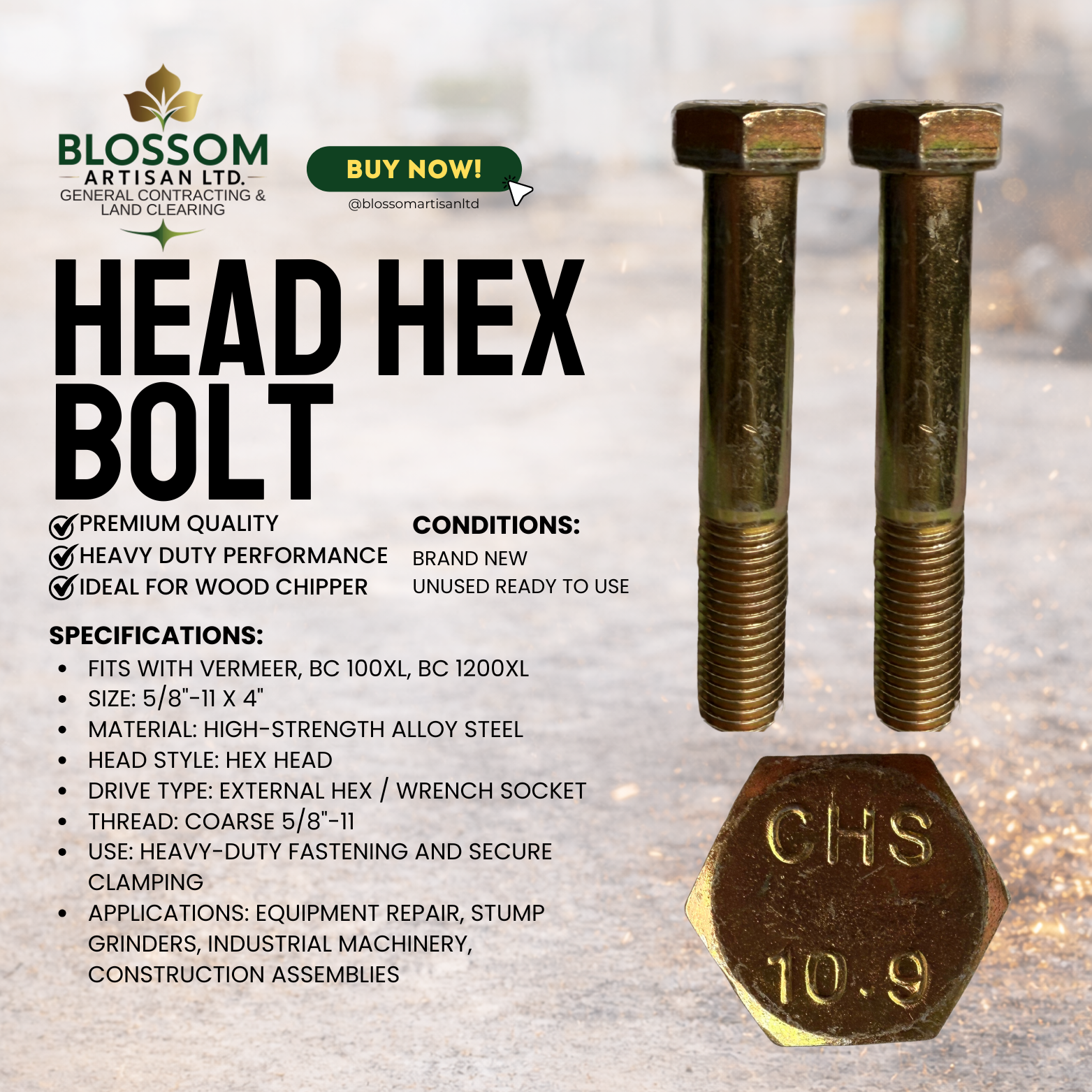 5/8" x 4" Hex Head Bolt (M16 x 100 Approx.) – Wood Chipper High Strength Fastener